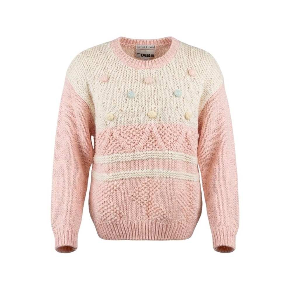 VTG Deb 80s Hand Knitted Sweater Lg Pastel Pink Cream Pom Poms Ramie Blend Retro